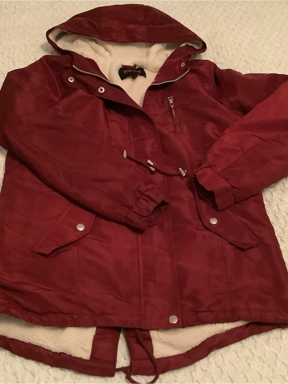 Ambiance Wine Red Hooded Puffer Jacket with Sherpa Lining